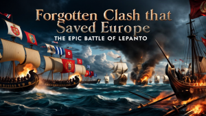 Dramatic painting of the Battle of Lepanto showing Holy League and Ottoman ships in combat